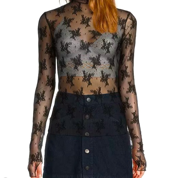 Free People Tops - Free People NWT Lady Luxe Jacquard Mock Neck Black Lace Sheer Top
